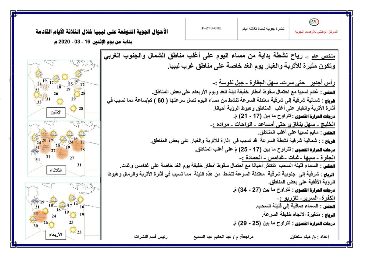 النشرة الجوية ليوم الاثنين الموافق 16 – 03 – 2020 الصادرة عن المركز الوطني للأرصاد الجوية