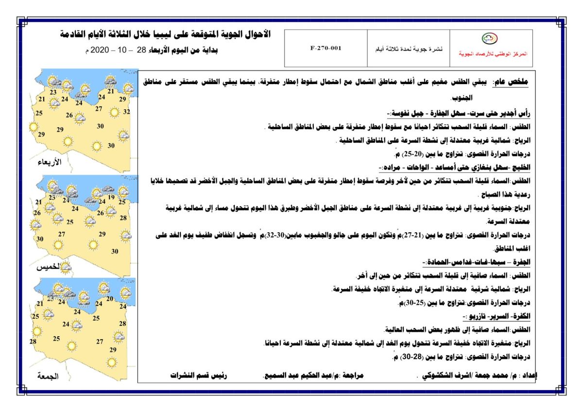 النشرة الجوية ليوم الأربعاء الموافق 28 – 10 – 2020 الصادرة عن المركز الوطني للأرصاد الجوية