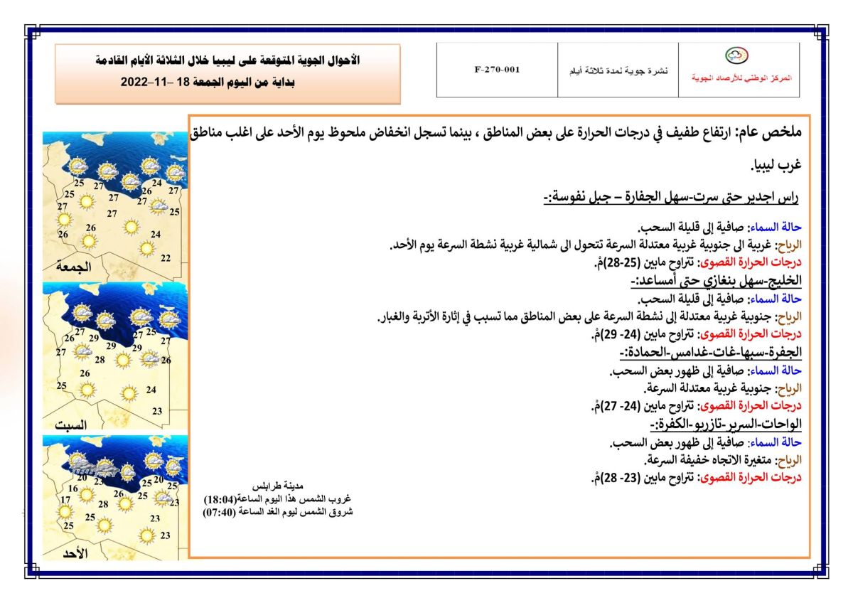 النشرة الجوية ليوم الجمعة الموافق 18 – 11 – 2022 الصادرة عن المركز الوطني للأرصاد الجوية