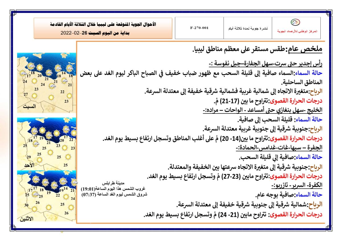 النشرة الجوية ليوم السبت الموافق 26 – 02 – 2022 الصادرة عن المركز الوطني للأرصاد الجوية