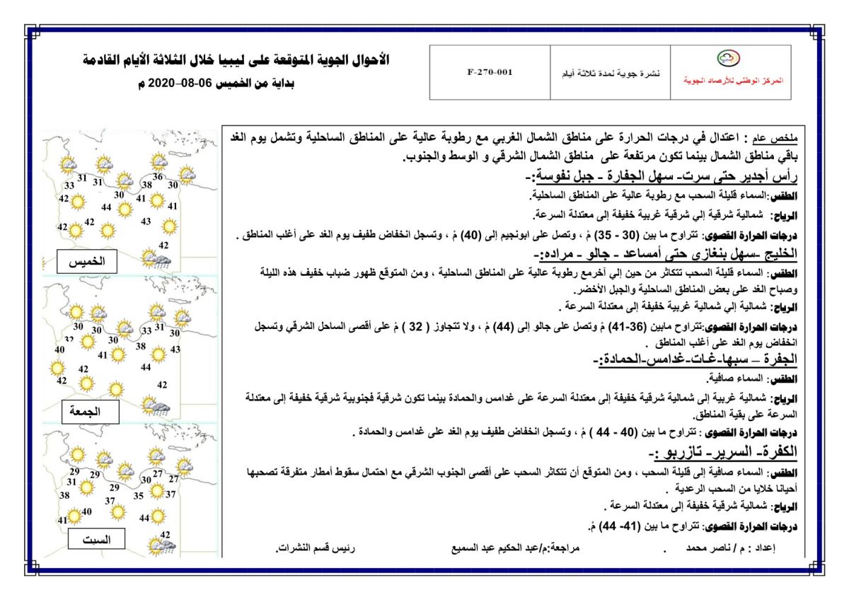 النشرة الجوية ليوم الخميس الموافق 06 – 08 – 2020 الصادرة عن المركز الوطني للأرصاد الجوية