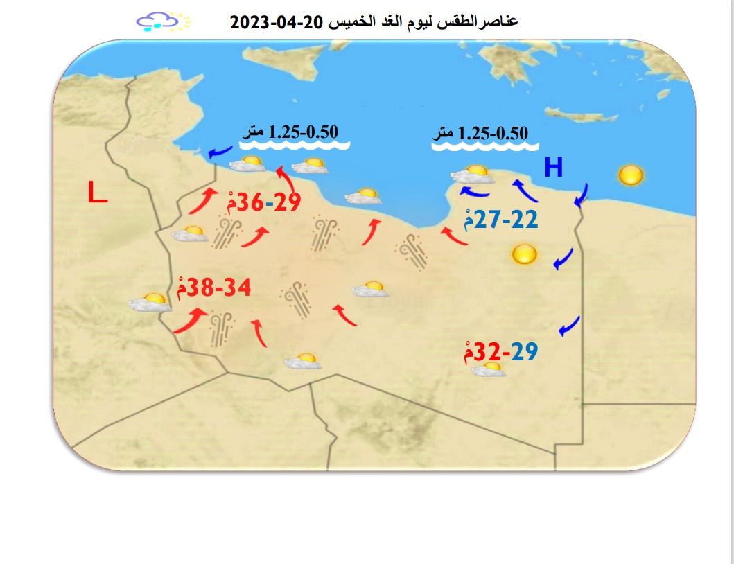 النشرة الجوية ليوم الأربعاء الموافق 19– 04 – 2023 الصادرة عن المركز الوطني للأرصاد الجوية