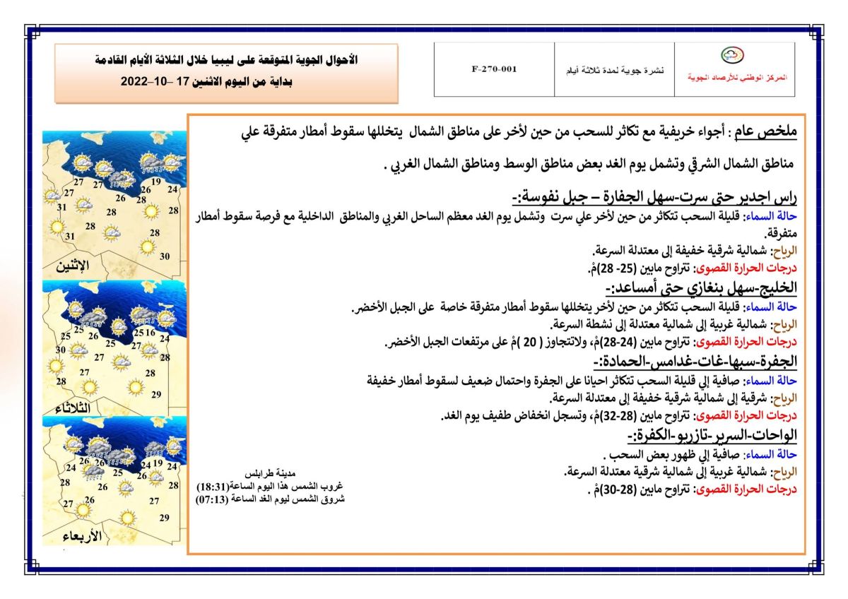 النشرة الجوية ليوم الاثنين الموافق 17 – 10 – 2022 الصادرة عن المركز الوطني للأرصاد الجوية