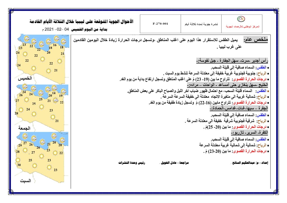 النشرة الجوية ليوم الخميس الموافق 04 – 02 – 2021 الصادرة عن المركز الوطني للأرصاد الجوية