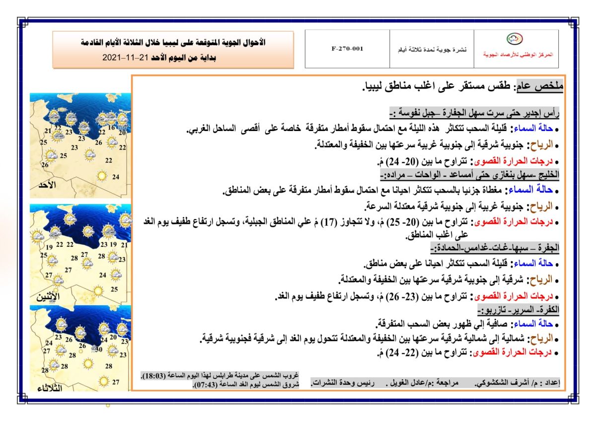 النشرة الجوية ليوم الأحد الموافق 21 – 11 – 2021 الصادرة عن المركز الوطني للأرصاد الجوية