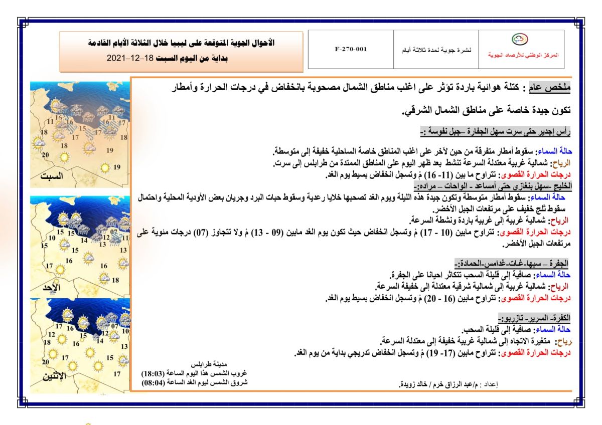 النشرة الجوية ليوم السبت الموافق 18 – 12 – 2021 الصادرة عن المركز الوطني للأرصاد الجوية 1 النشرة الجوية ليوم السبت الموافق 18 – 12 – 2021 الصادرة عن المركز الوطني للأرصاد الجوية