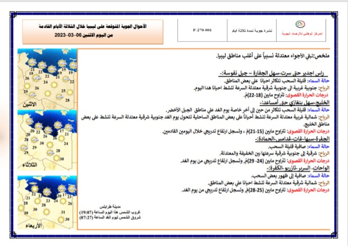 النشرة الجوية ليوم الاثنين الموافق 06 – 03 – 2023 الصادرة عن المركز الوطني للأرصاد الجوية