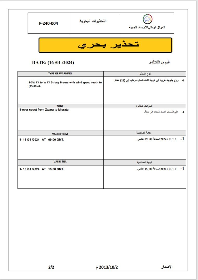 النشرة الجوية ليوم الثلاثاء الموافق 16– 01– 2024 الصادرة عن المركز الوطني للأرصاد الجوية