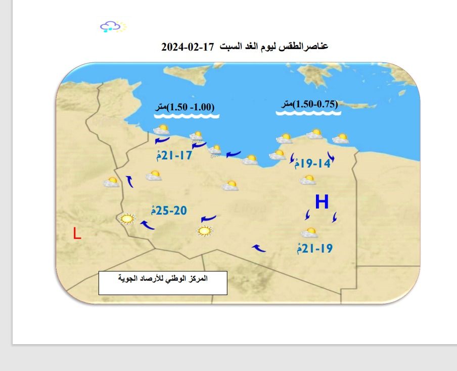 النشرة الجوية ليوم الجمعة الموافق 16– 02– 2024 الصادرة عن المركز الوطني للأرصاد الجوية