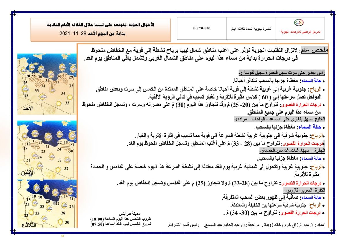 النشرة الجوية ليوم الأحد الموافق 28 – 11 – 2021 الصادرة عن المركز الوطني للأرصاد الجوية