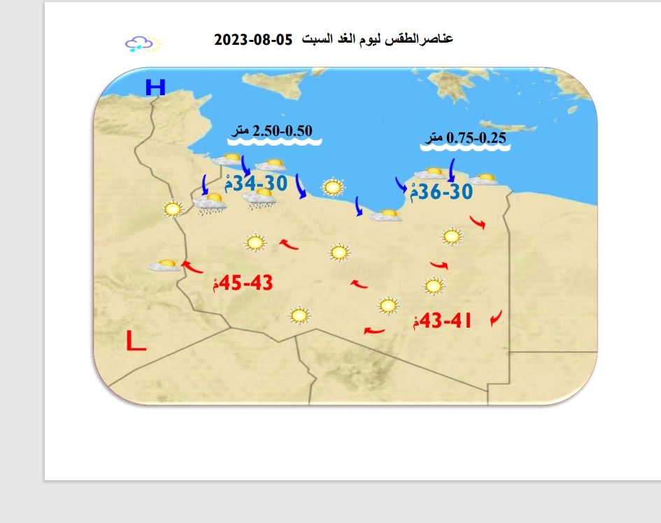 النشرة الجوية ليوم الجمعة الموافق 04 – 08 – 2023 الصادرة عن المركز الوطني للأرصاد الجوية