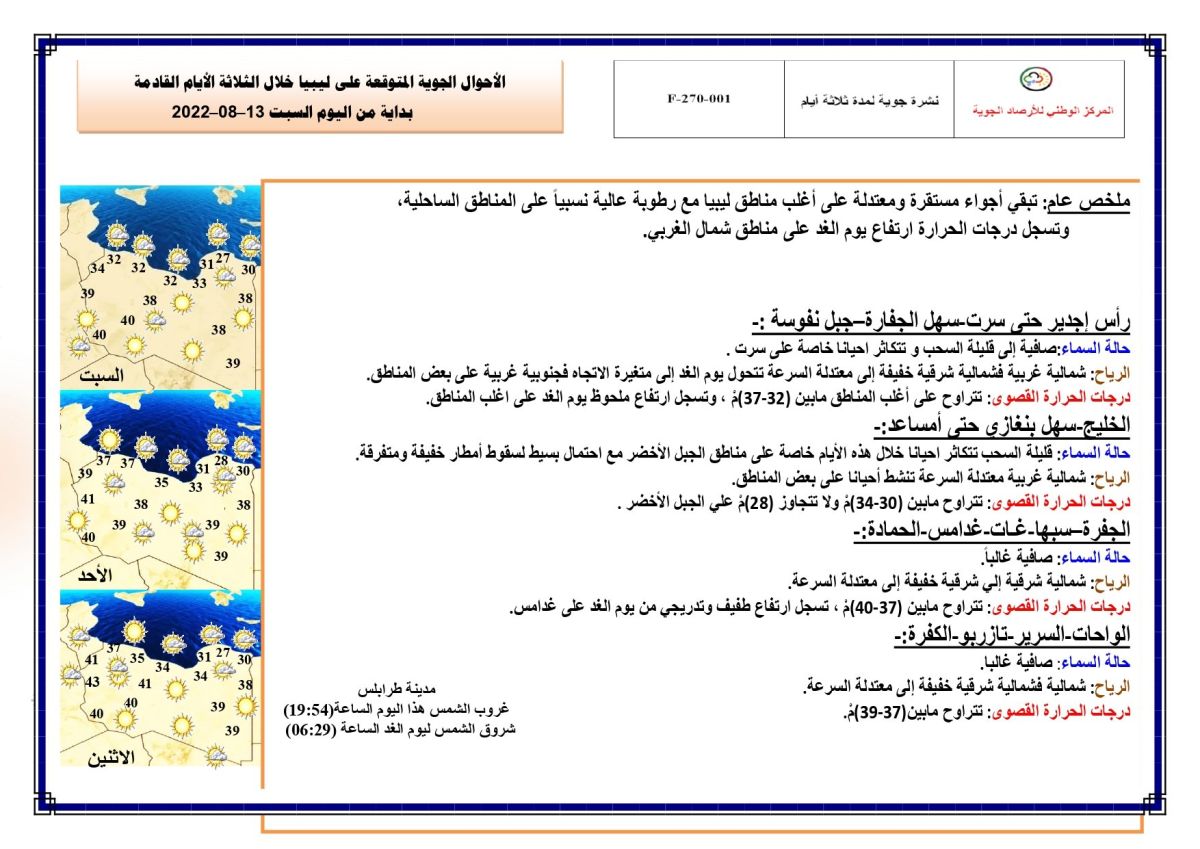 النشرة الجوية ليوم السبت الموافق 13 – 08 – 2022 الصادرة عن المركز الوطني للأرصاد الجوية