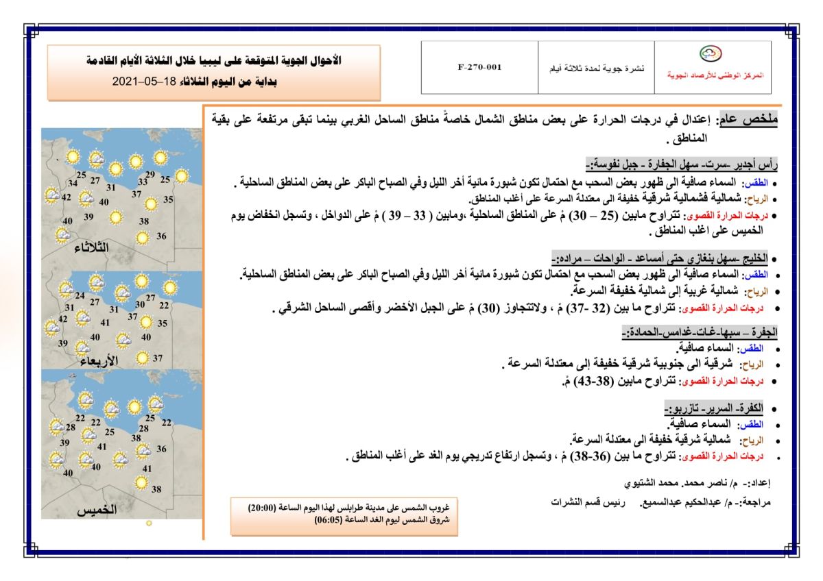 النشرة الجوية ليوم الثلاثاء الموافق 18 – 05 – 2021 الصادرة عن المركز الوطني للأرصاد الجوية