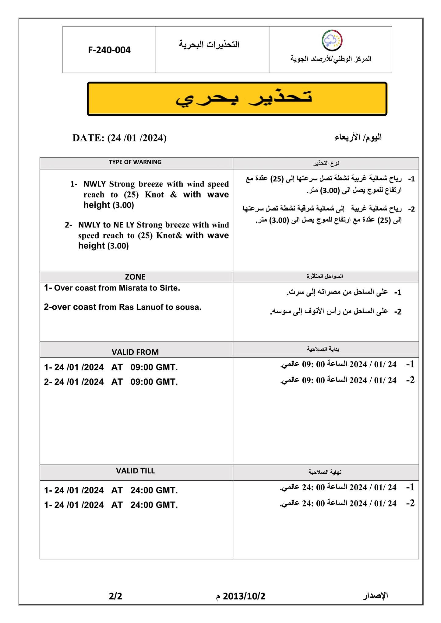 النشرة الجوية ليوم الاربعاء الموافق 24– 01– 2024 الصادرة عن المركز الوطني للأرصاد الجوية