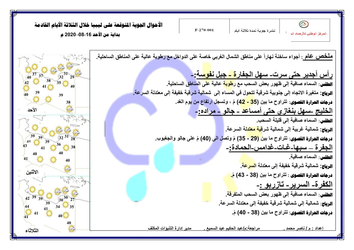 النشرة الجوية ليوم الأحد الموافق 16 – 08 – 2020 الصادرة عن المركز الوطني للأرصاد الجوية