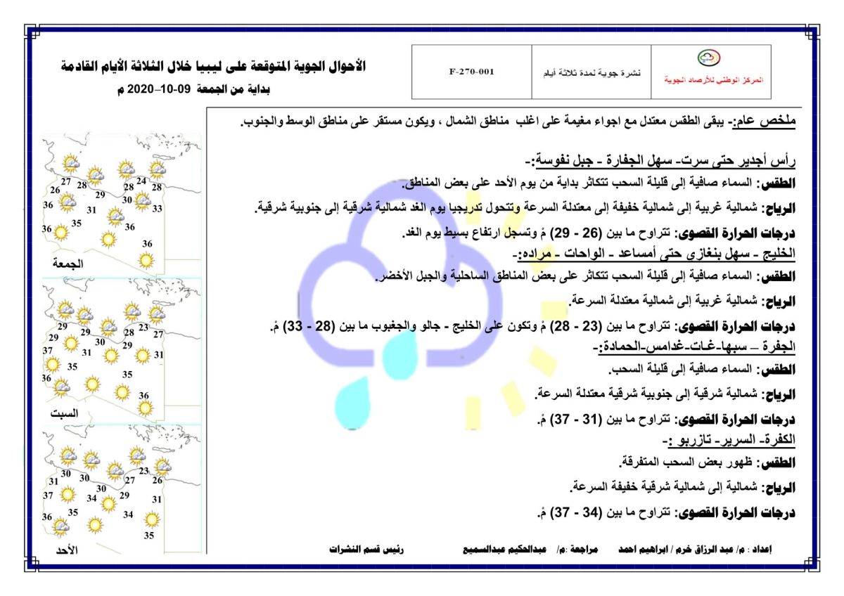 النشرة الجوية ليوم الجمعة الموافق 09 – 10 – 2020 الصادرة عن المركز الوطني للأرصاد الجوية 1 النشرة الجوية ليوم الجمعة الموافق 09 – 10 – 2020 الصادرة عن المركز الوطني للأرصاد الجوية