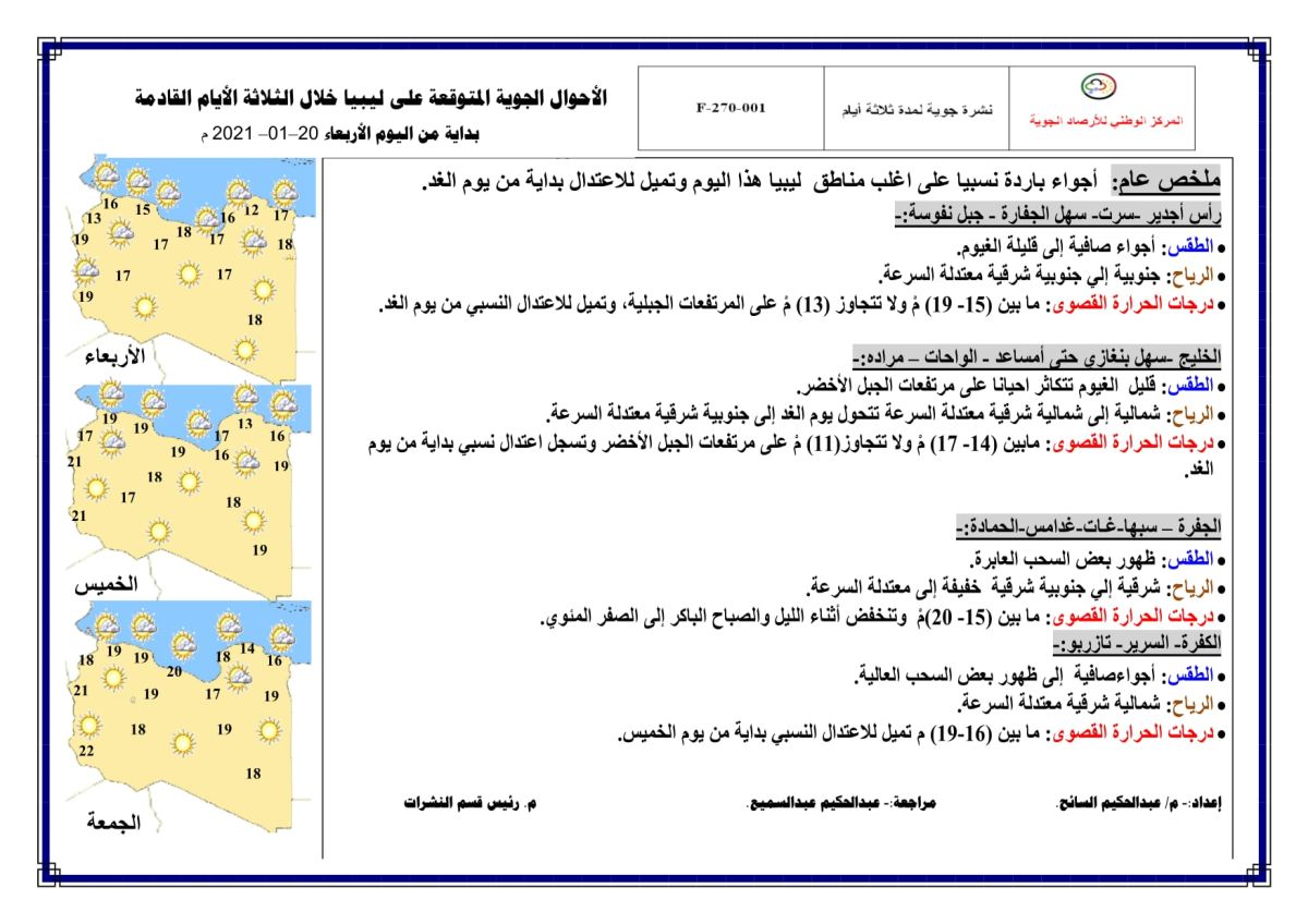 النشرة الجوية ليوم الإربعاء الموافق 20 – 01 – 2021 الصادرة عن المركز الوطني للأرصاد الجوية