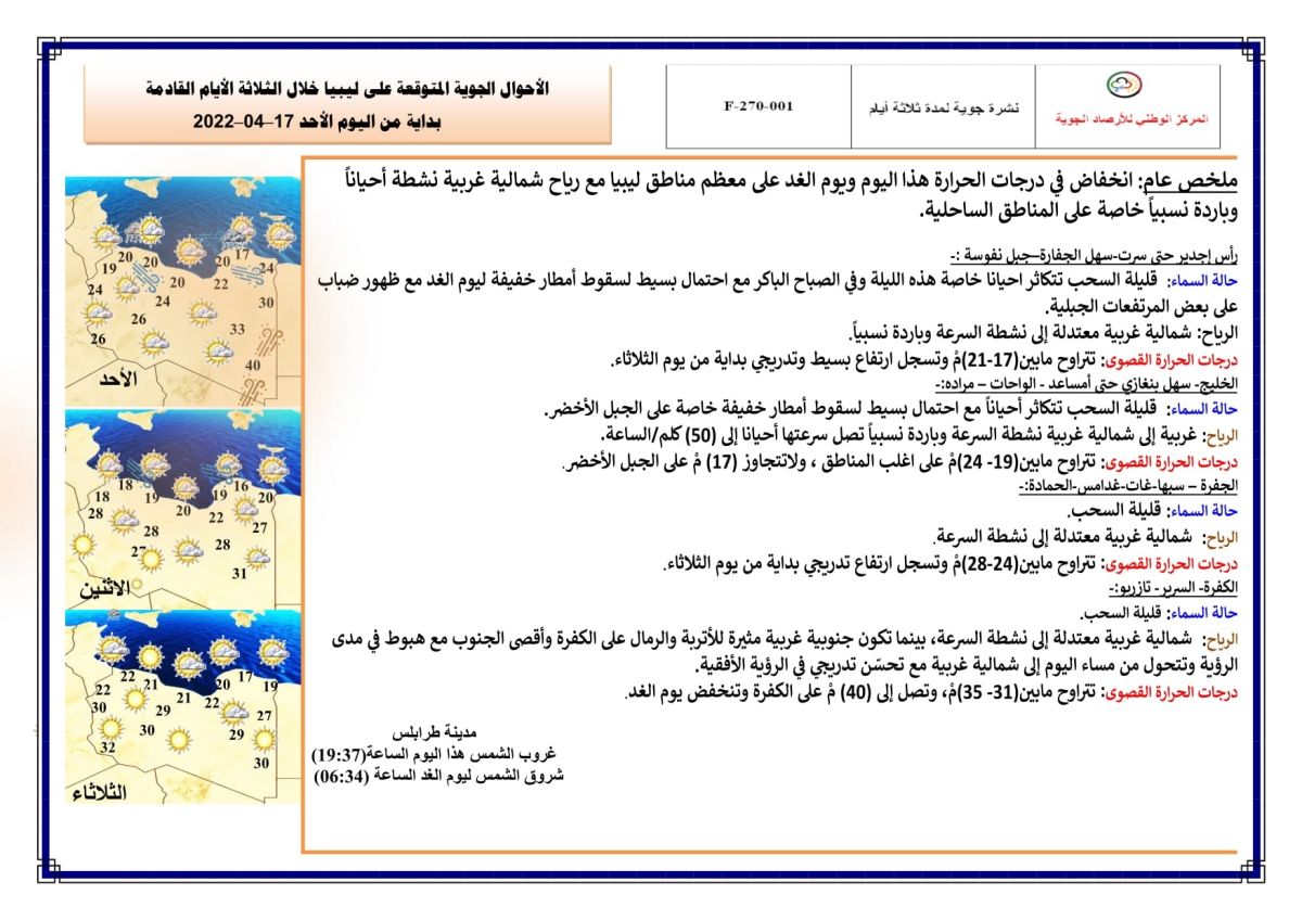 النشرة الجوية ليوم الأحد الموافق 17 – 04 – 2022 الصادرة عن المركز الوطني للأرصاد الجوية