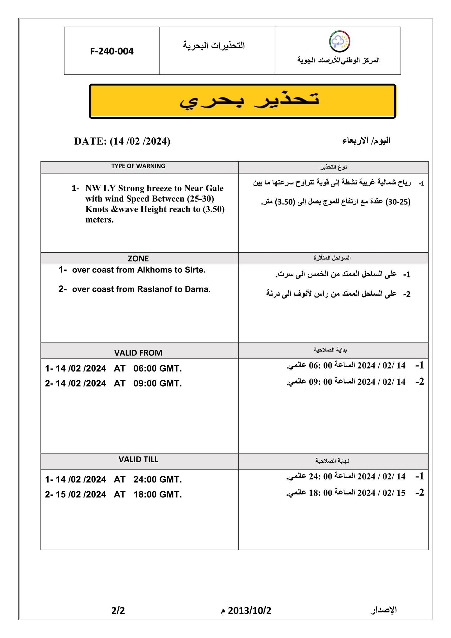 النشرة الجوية ليوم الأربعاء الموافق 14– 02– 2024 الصادرة عن المركز الوطني للأرصاد الجوية