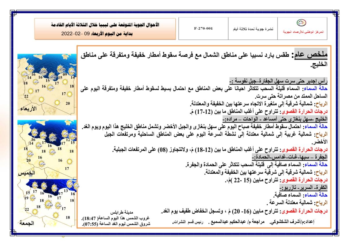 النشرة الجوية ليوم الإربعاء الموافق 09 – 02 – 2022 الصادرة عن المركز الوطني للأرصاد الجوية