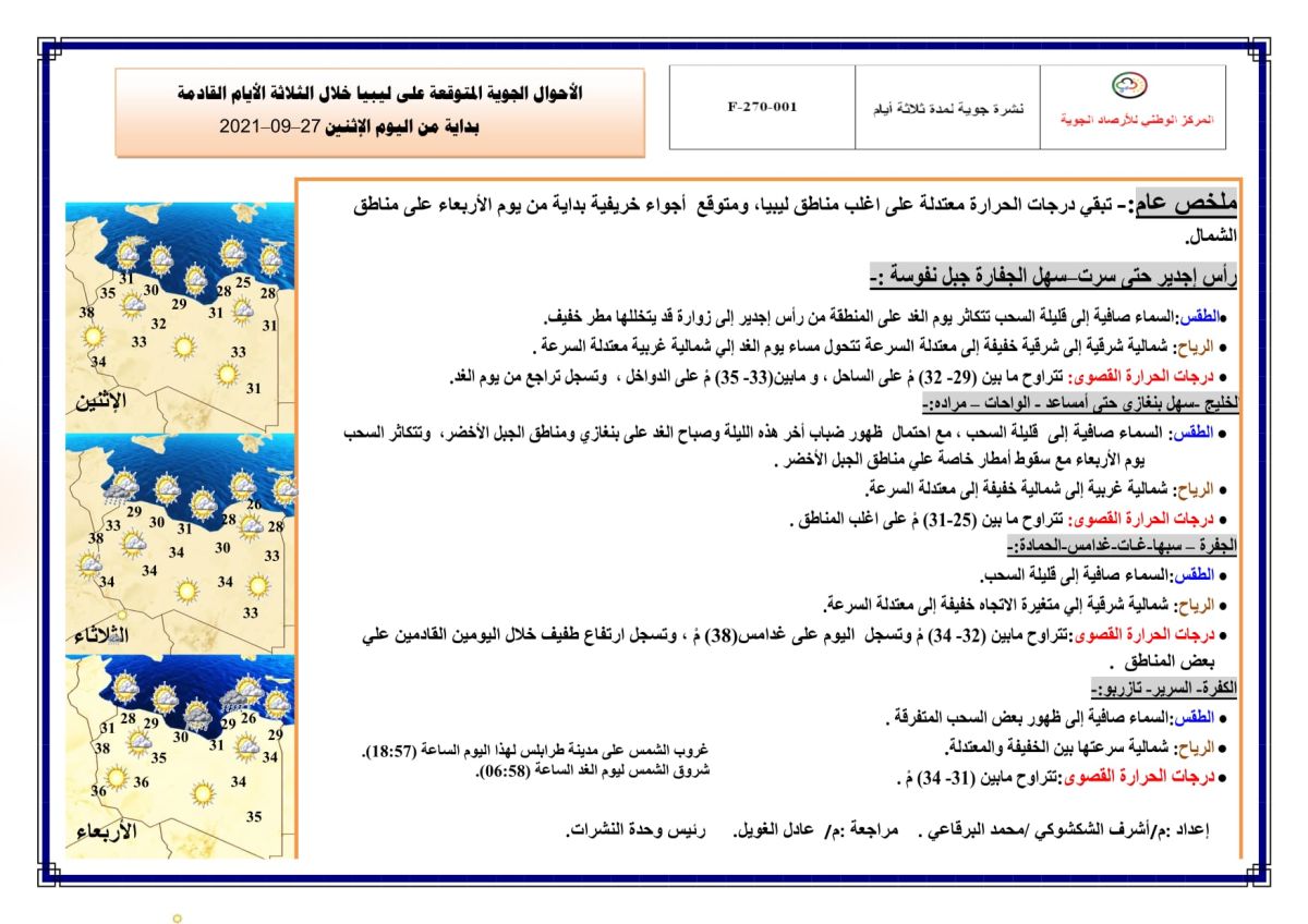 النشرة الجوية ليوم الاثنين الموافق 27– 09 – 2021 الصادرة عن المركز الوطني للأرصاد الجوية