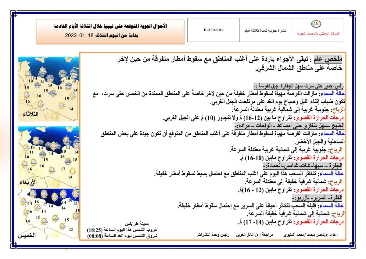 النشرة الجوية ليوم الثلاثاء الموافق 18 – 01 – 2022 الصادرة عن المركز الوطني للأرصاد الجوية