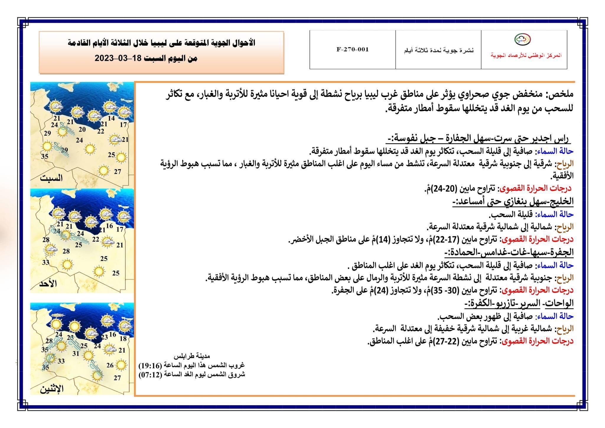 النشرة الجوية ليوم السبت الموافق 18– 03 – 2023 الصادرة عن المركز الوطني للأرصاد الجوية