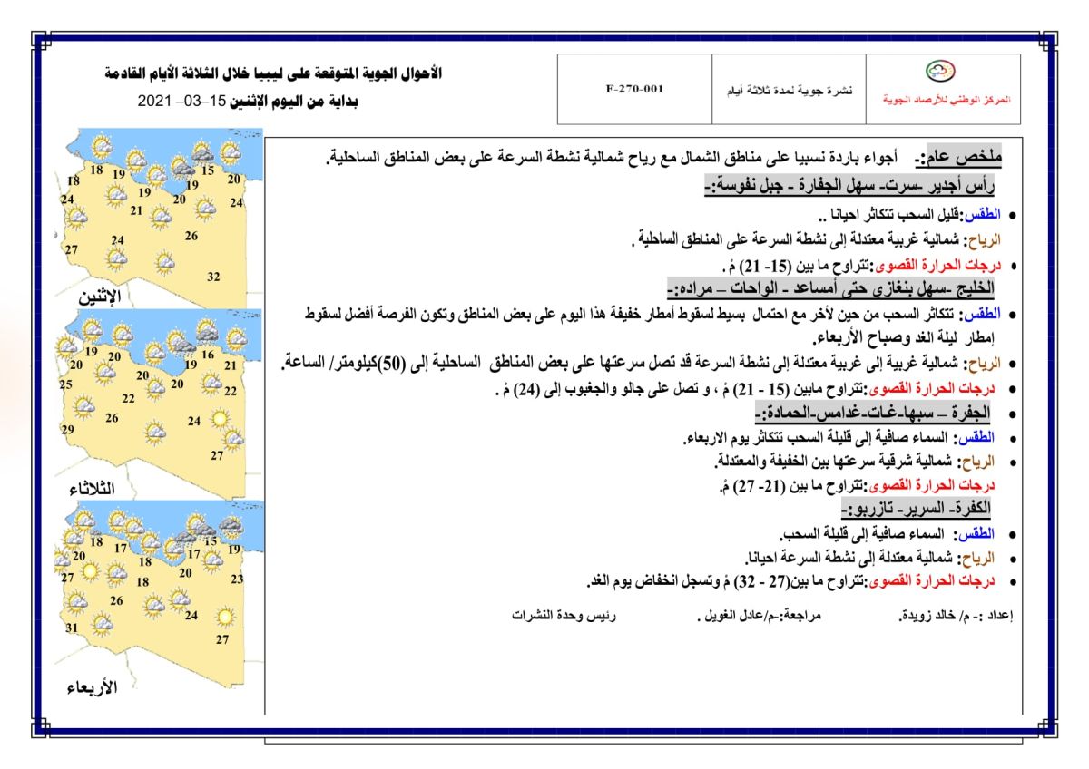 النشرة الجوية ليوم الاثنين الموافق 15 – 03 – 2021 الصادرة عن المركز الوطني للأرصاد الجوية