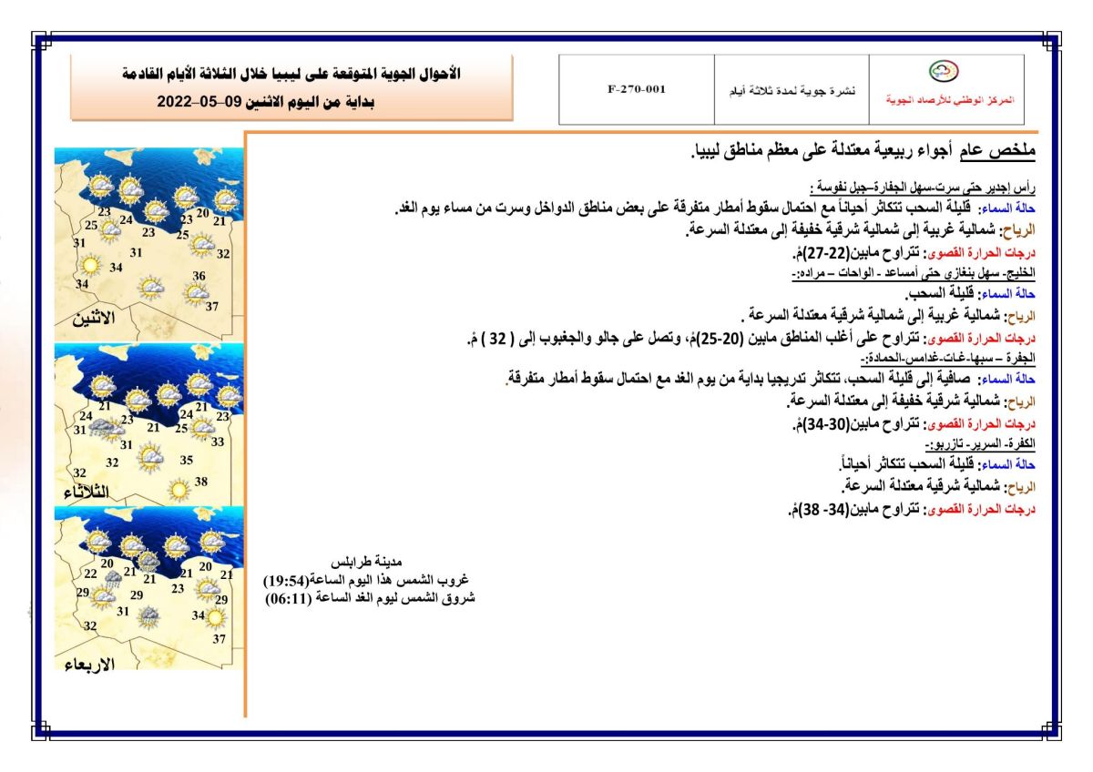 النشرة الجوية ليوم الاثنين الموافق 09 – 05 – 2022 الصادرة عن المركز الوطني للأرصاد الجوية