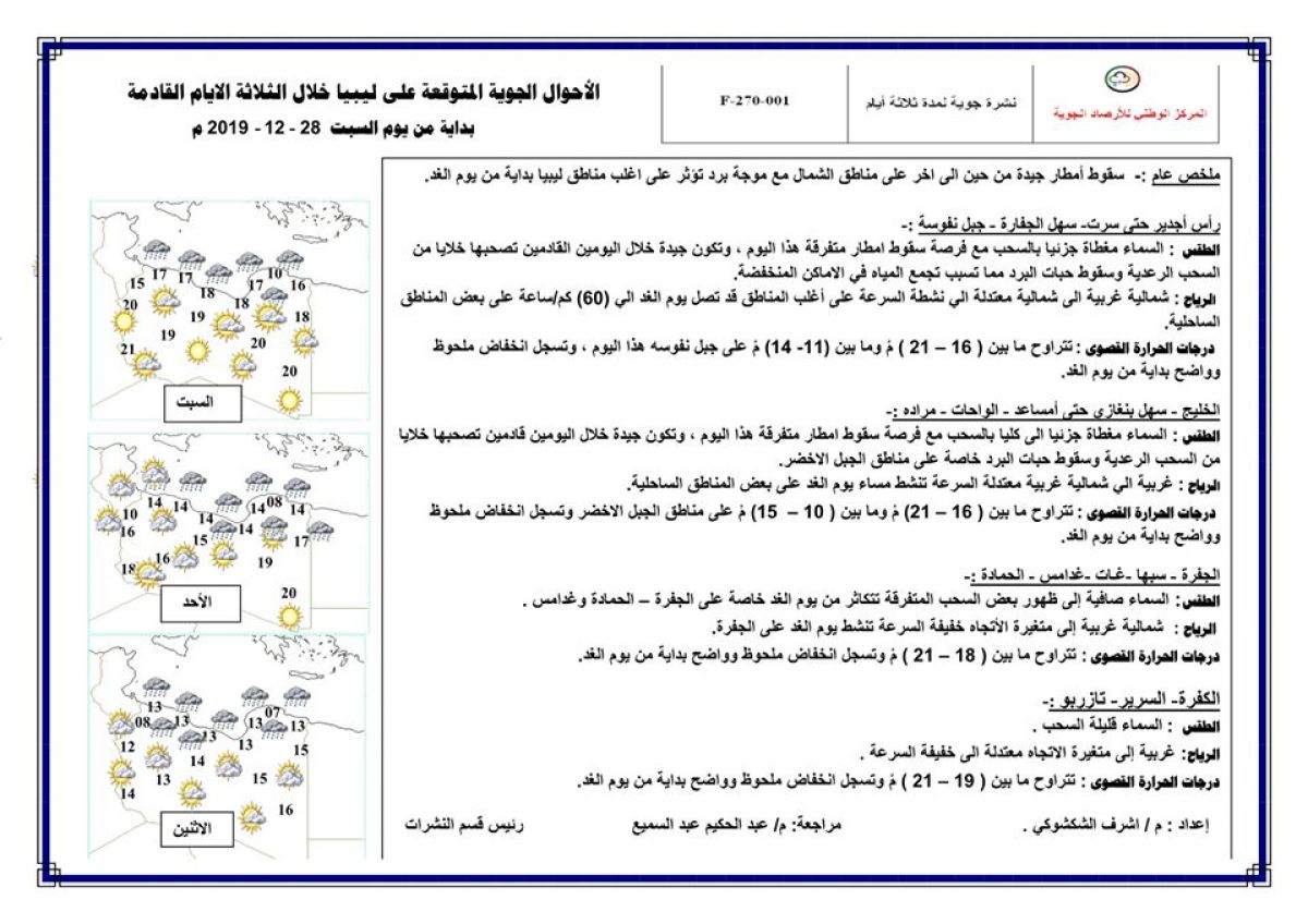 النشرة الجوية ليوم السبت الموافق 28 – 12 – 2019 الصادرة عن المركز الوطني للأرصاد الجوية