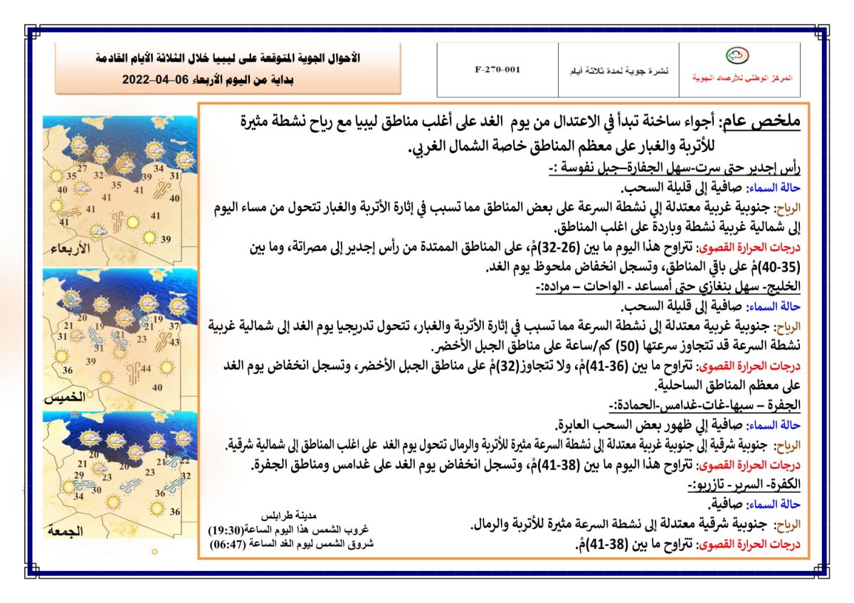 النشرة الجوية ليوم الإربعاء الموافق 06 – 04 – 2022 الصادرة عن المركز الوطني للأرصاد الجوية