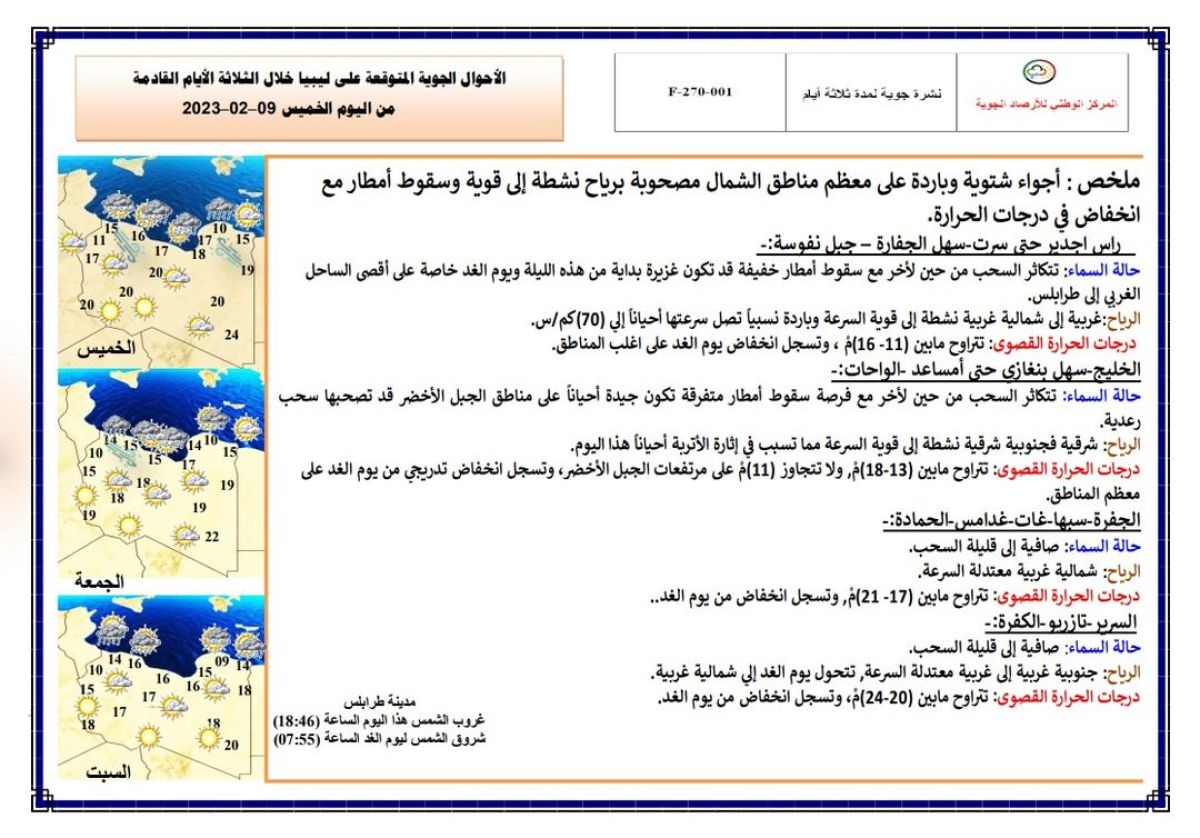 النشرة الجوية ليوم الخميس الموافق 09– 02– 2023 الصادرة عن المركز الوطني للأرصاد الجوية