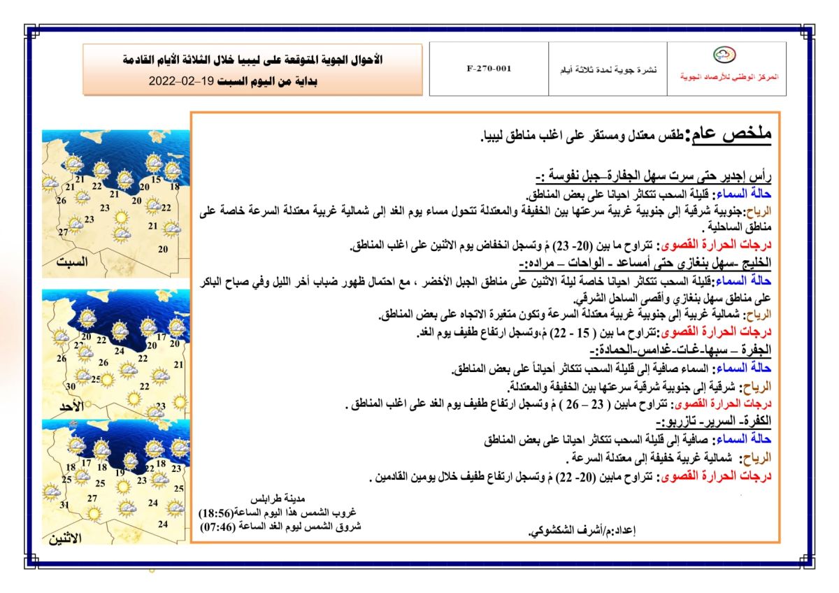 النشرة الجوية ليوم السبت الموافق 19 – 02 – 2022 الصادرة عن المركز الوطني للأرصاد الجوية