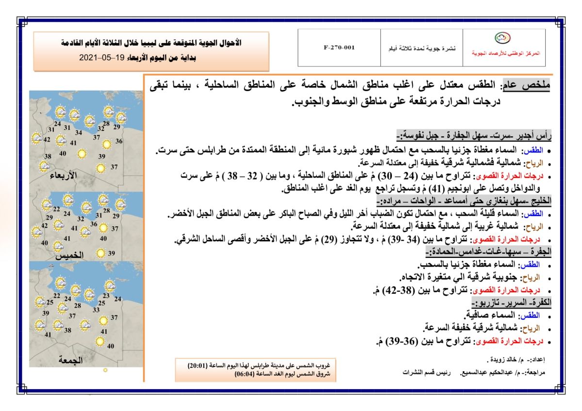 النشرة الجوية ليوم الإربعاء الموافق 19 – 05 – 2021 الصادرة عن المركز الوطني للأرصاد الجوية