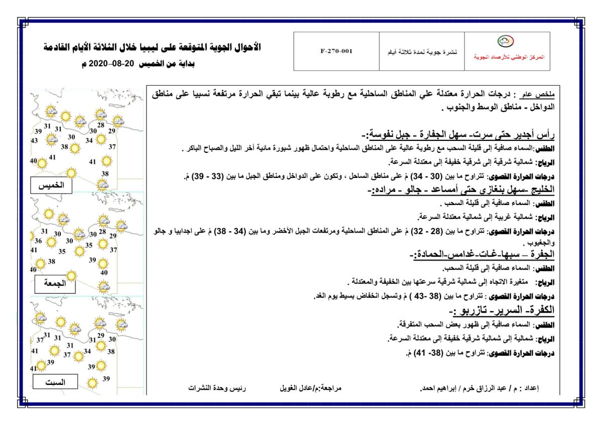 النشرة الجوية ليوم الخميس الموافق 20 – 08 – 2020 الصادرة عن المركز الوطني للأرصاد الجوية