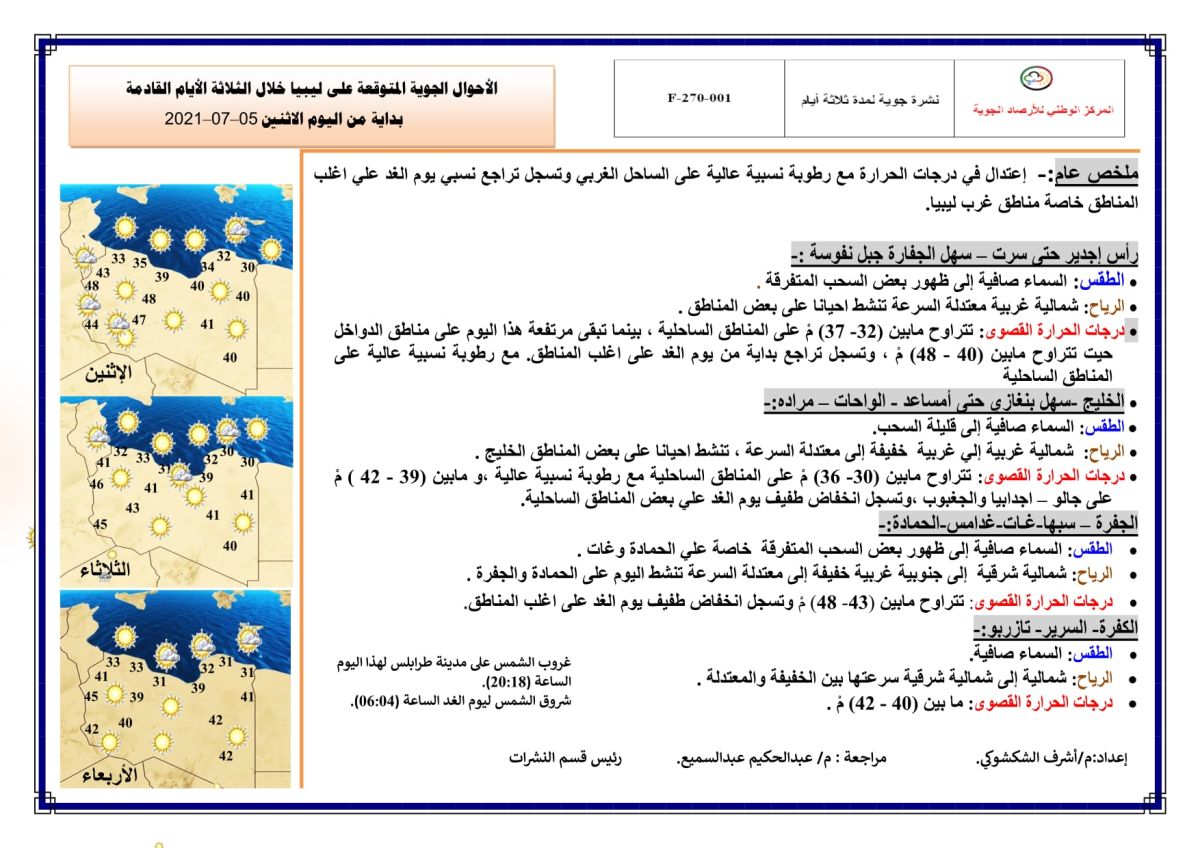 النشرة الجوية ليوم الاثنين الموافق 05 – 07 – 2021 الصادرة عن المركز الوطني للأرصاد الجوية