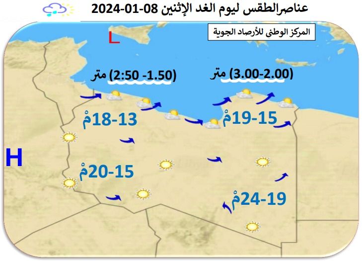 النشرة الجوية ليوم الأحد الموافق 07– 01– 2024 الصادرة عن المركز الوطني للأرصاد الجوية