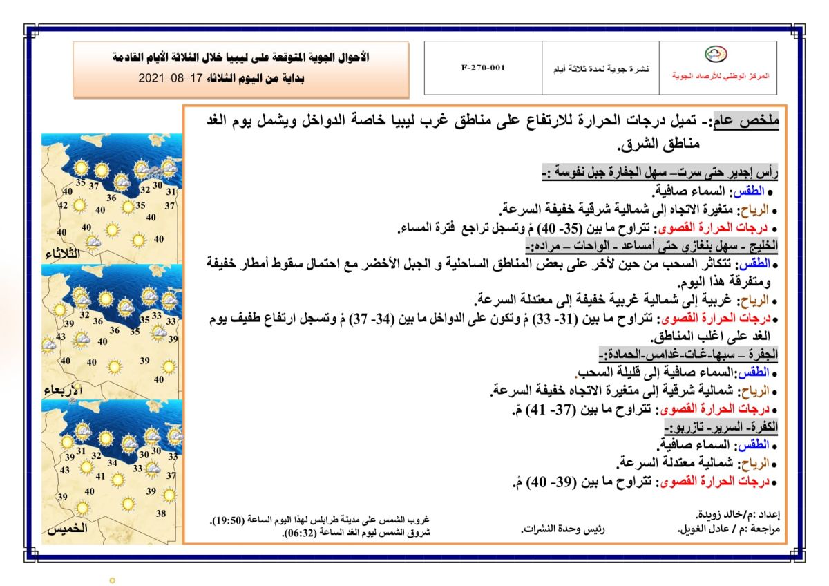 النشرة الجوية ليوم الثلاثاء الموافق 17 – 08 – 2021 الصادرة عن المركز الوطني للأرصاد الجوية