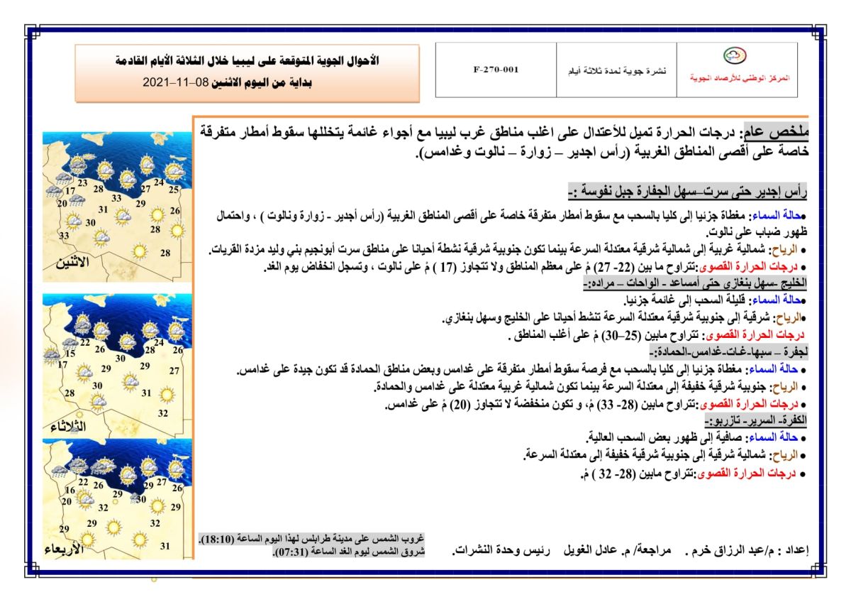 النشرة الجوية ليوم الاثنين الموافق 08 – 11 – 2021 الصادرة عن المركز الوطني للأرصاد الجوية