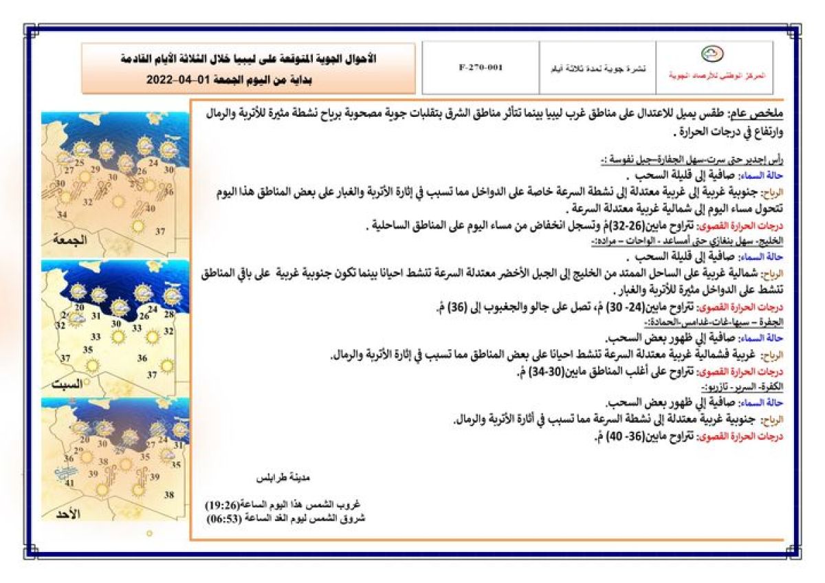 النشرة الجوية ليوم الجمعة الموافق 01 – 04 – 2022 الصادرة عن المركز الوطني للأرصاد الجوية