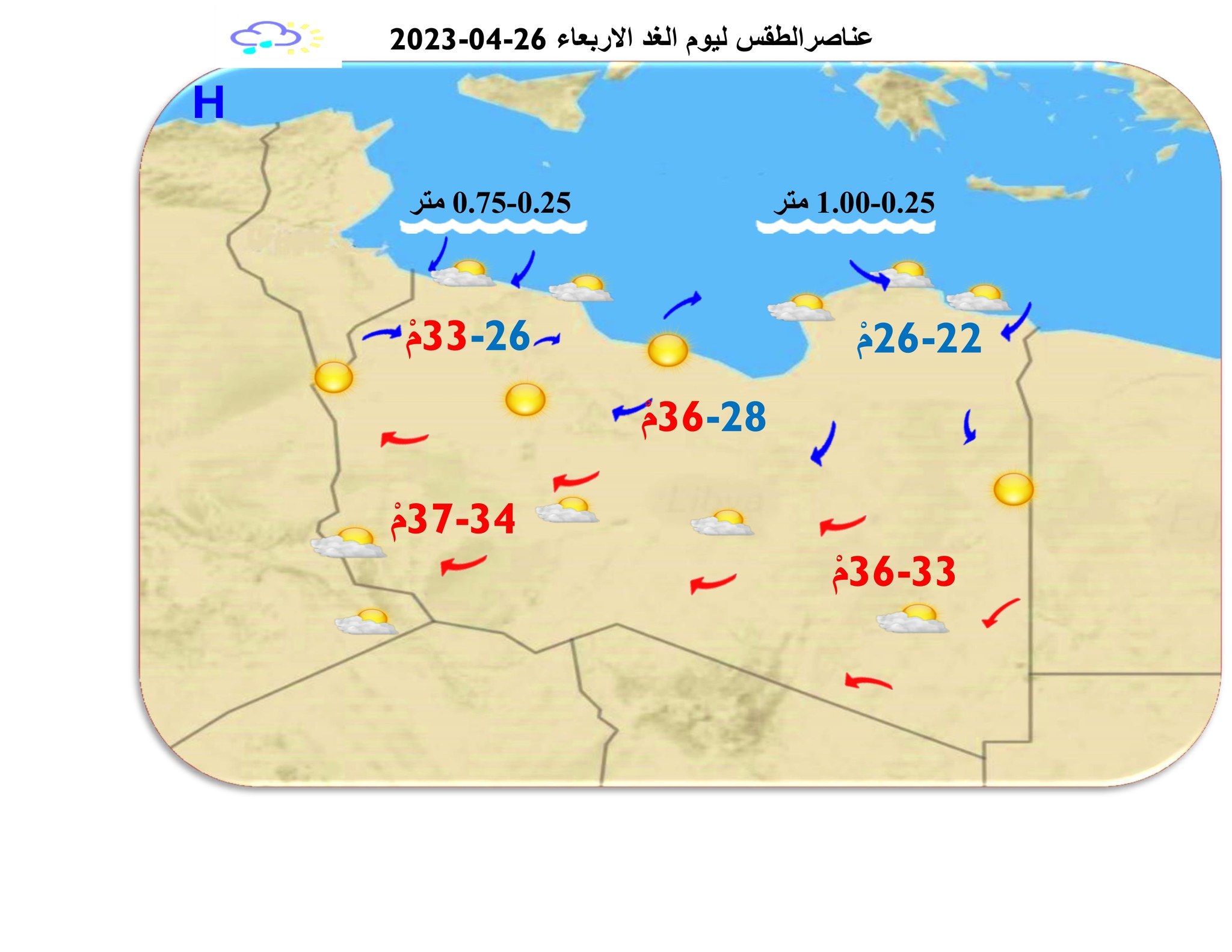 النشرة الجوية ليوم الثلاثاء الموافق 25 – 04 – 2023 الصادرة عن المركز الوطني للأرصاد الجوية