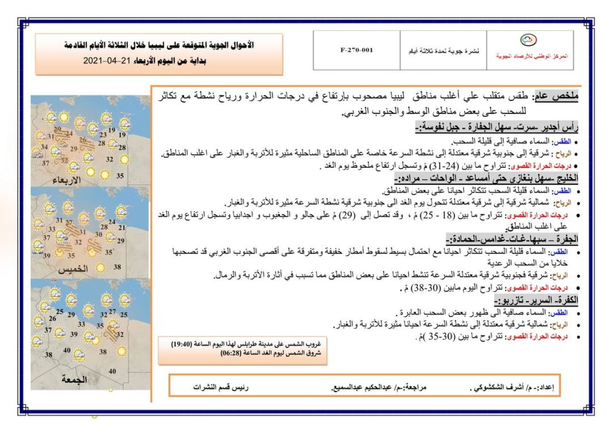 النشرة الجوية ليوم الأربعاء الموافق 21 – 04 – 2021 الصادرة عن المركز الوطني للأرصاد الجوية