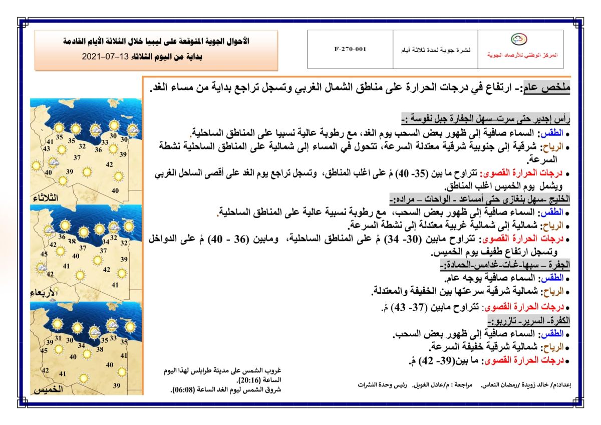 النشرة الجوية ليوم الثلاثاء الموافق 13 – 07 – 2021 الصادرة عن المركز الوطني للأرصاد الجوية