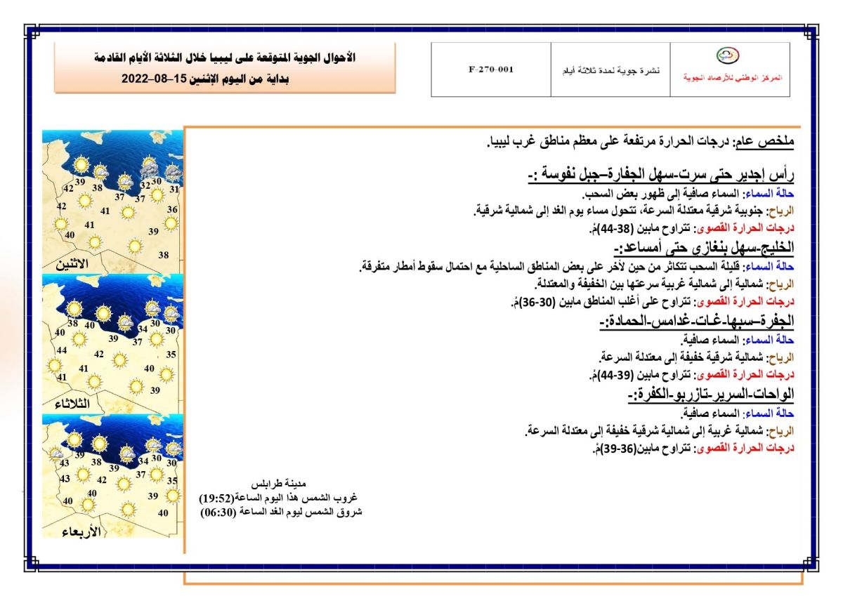 النشرة الجوية ليوم الاثنين الموافق 15 – 08 – 2022 الصادرة عن المركز الوطني للأرصاد الجوية