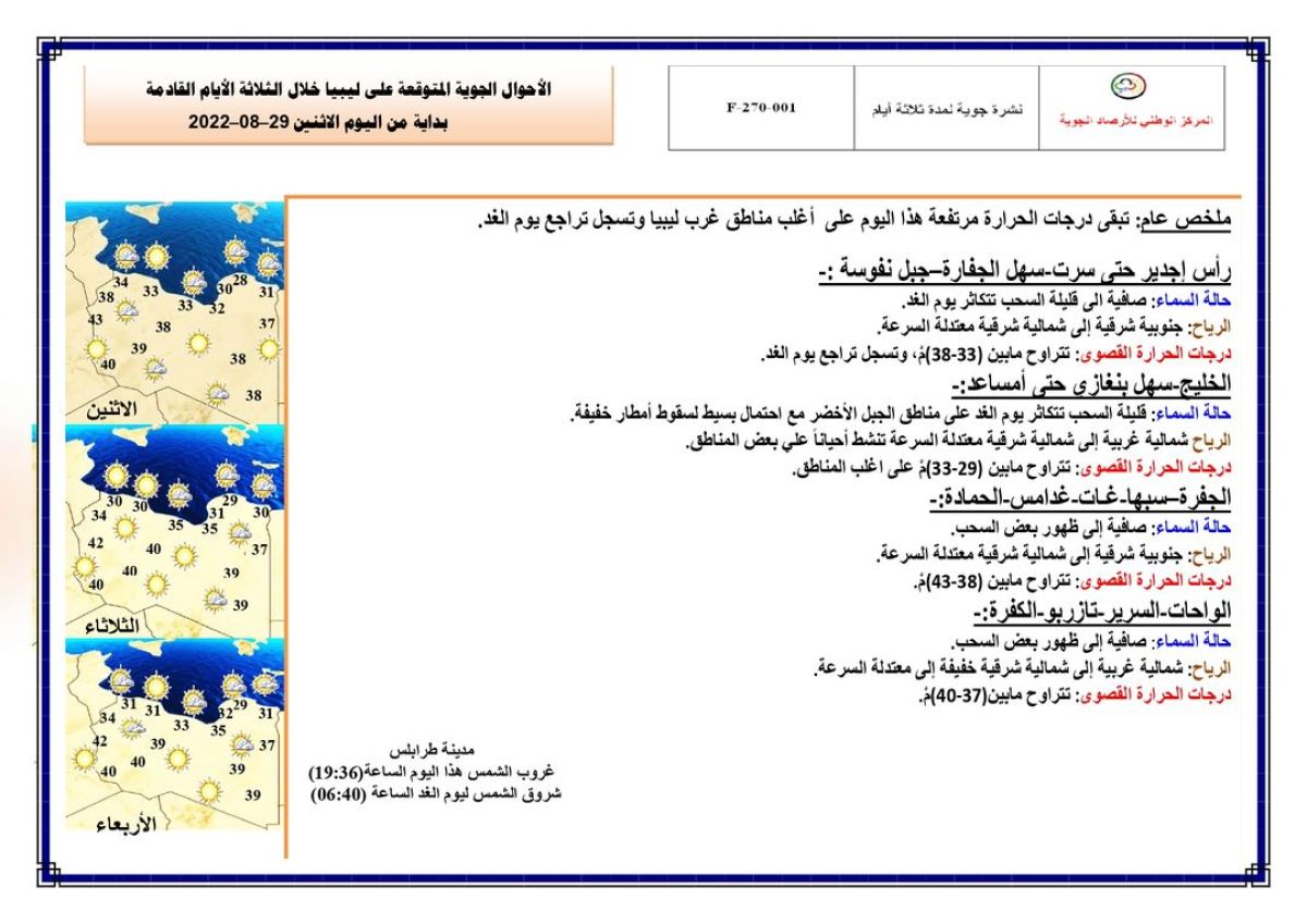 النشرة الجوية ليوم الاثنين الموافق 29 – 08 – 2022 الصادرة عن المركز الوطني للأرصاد الجوية