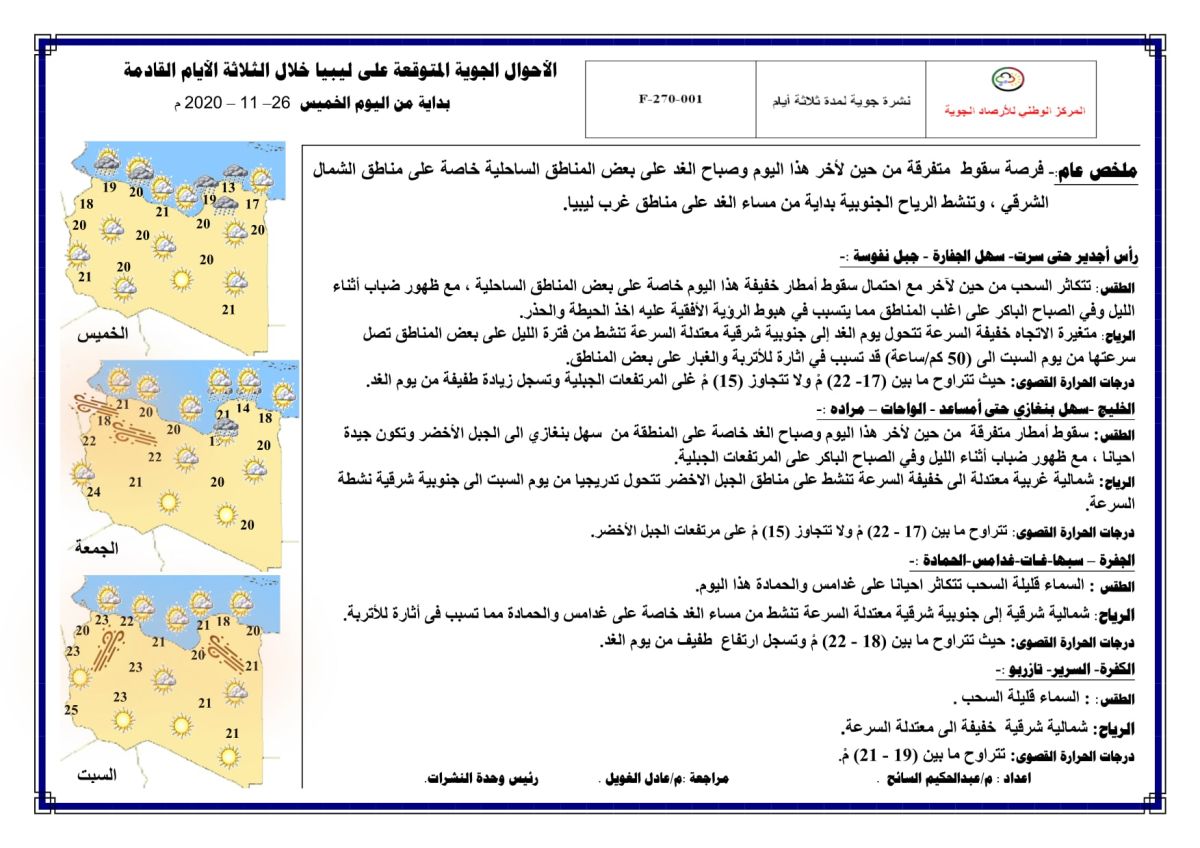 النشرة الجوية ليوم الخميس الموافق 26 – 11 – 2020 الصادرة عن المركز الوطني للأرصاد الجوية