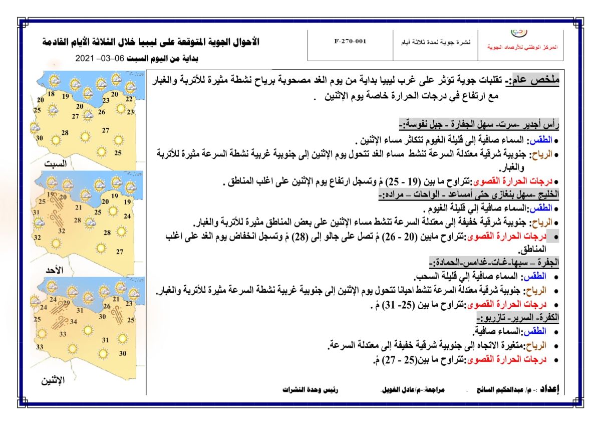 النشرة الجوية ليوم السبت الموافق 06 – 03 – 2021 الصادرة عن المركز الوطني للأرصاد الجوية