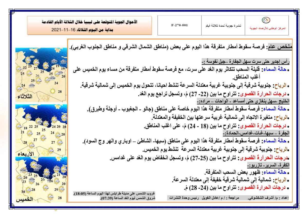 النشرة الجوية ليوم الثلاثاء الموافق 16 – 11 – 2021 الصادرة عن المركز الوطني للأرصاد الجوية