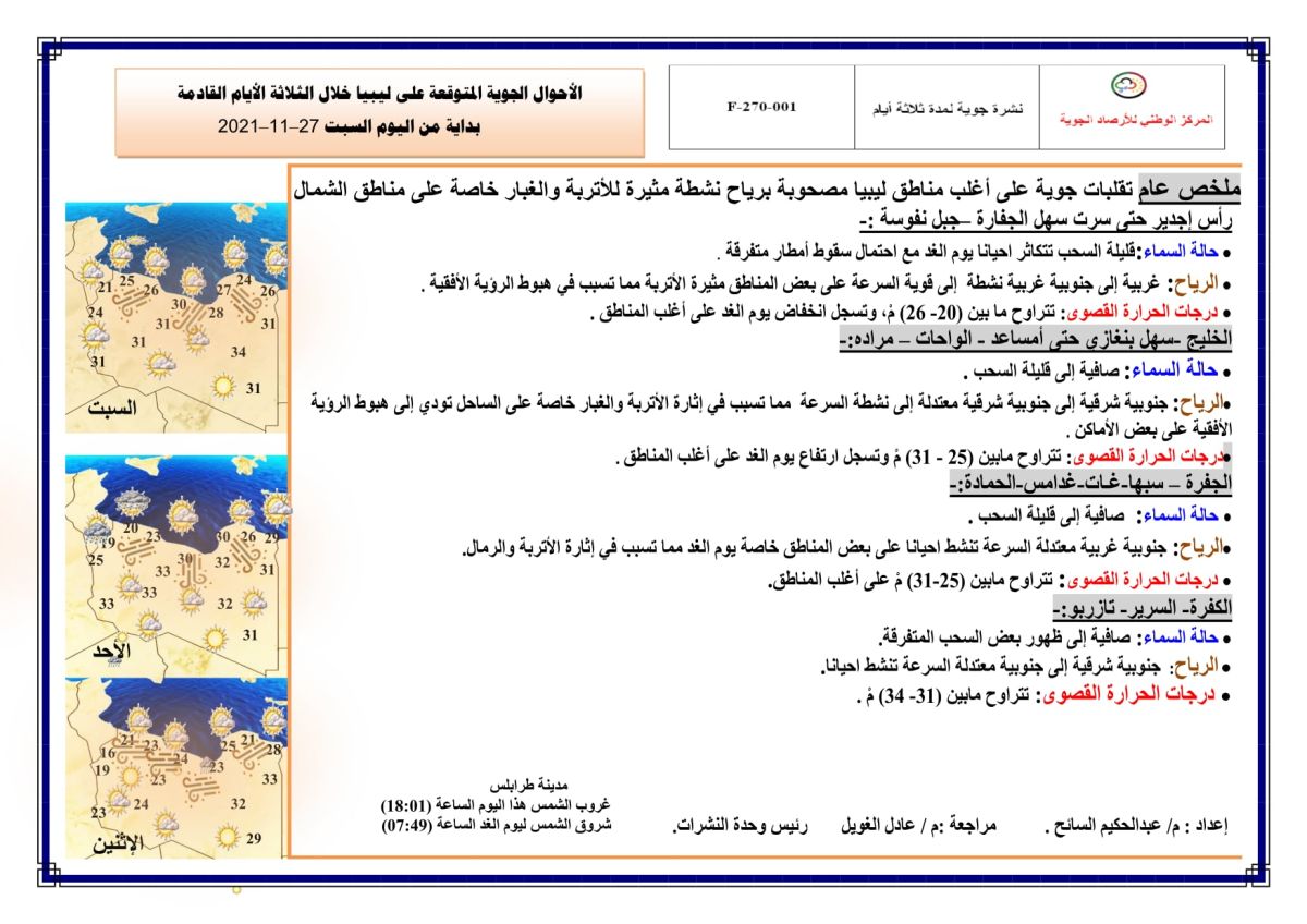 النشرة الجوية ليوم السبت الموافق 27 – 11 – 2021 الصادرة عن المركز الوطني للأرصاد الجوية