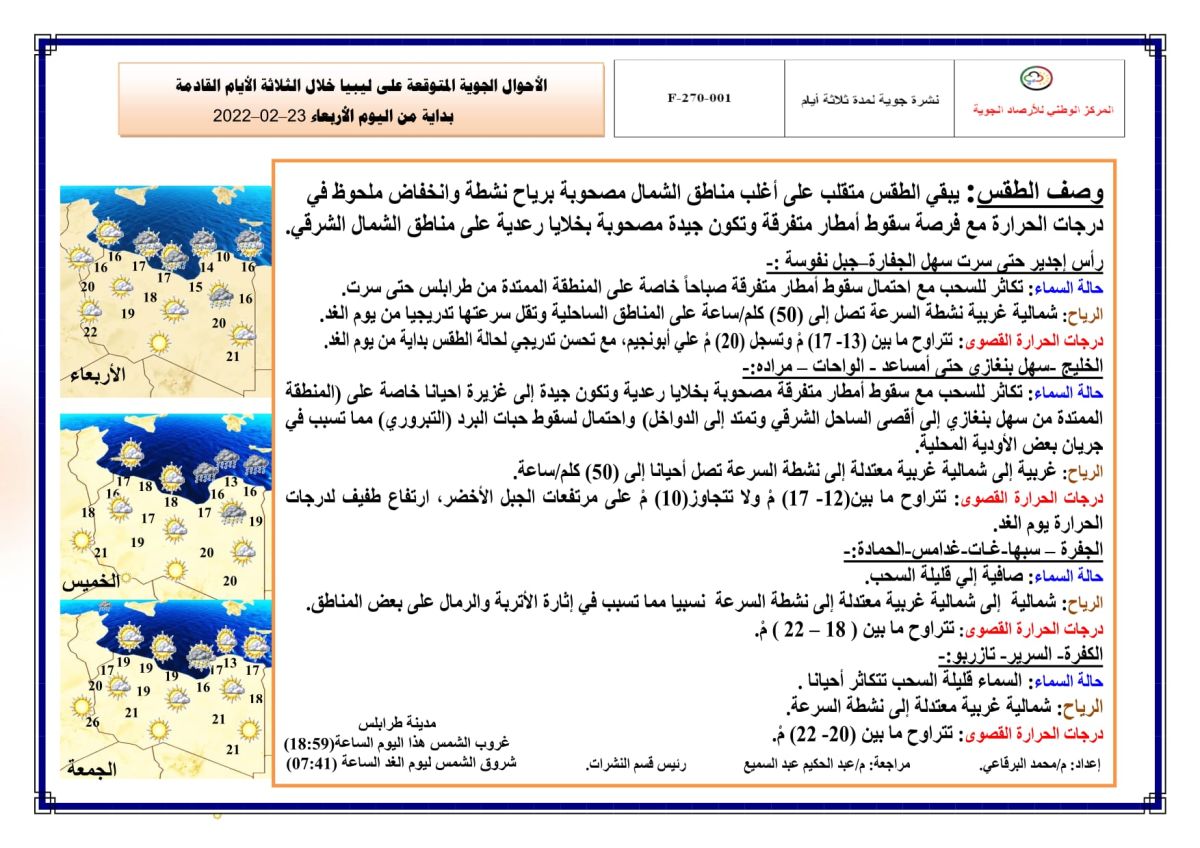 النشرة الجوية ليوم الإربعاء الموافق 23 – 02 – 2022 الصادرة عن المركز الوطني للأرصاد الجوية